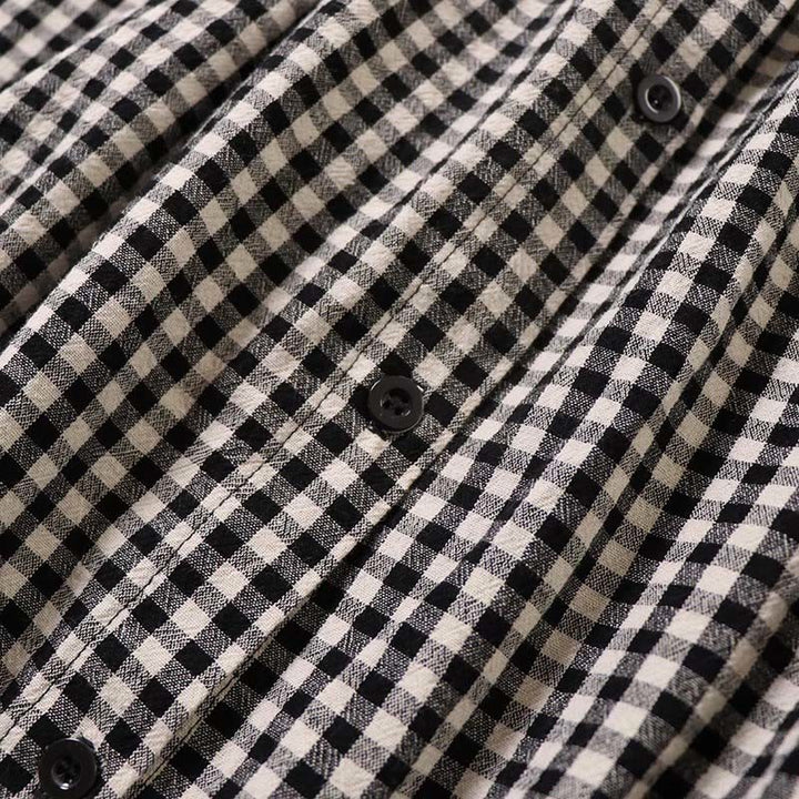 Buddha Stones長袖 チェック柄 シンプルボタン フリルデザイン コットンリネン ミディドレス ポケット付き - image 15