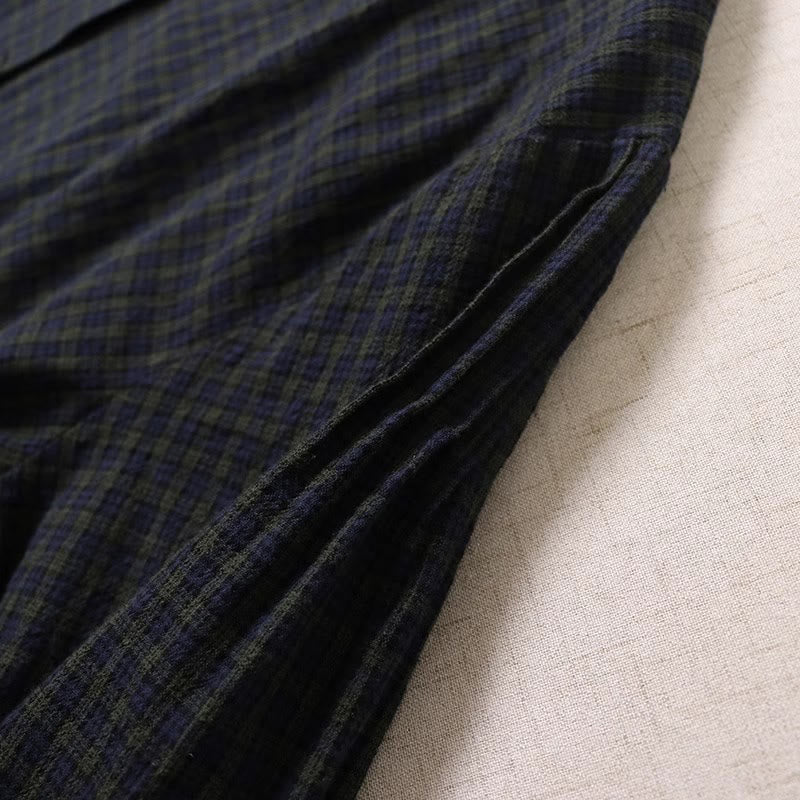 Buddha Stones長袖 チェック柄 シンプルボタン フリルデザイン コットンリネン ミディドレス ポケット付き - image 4