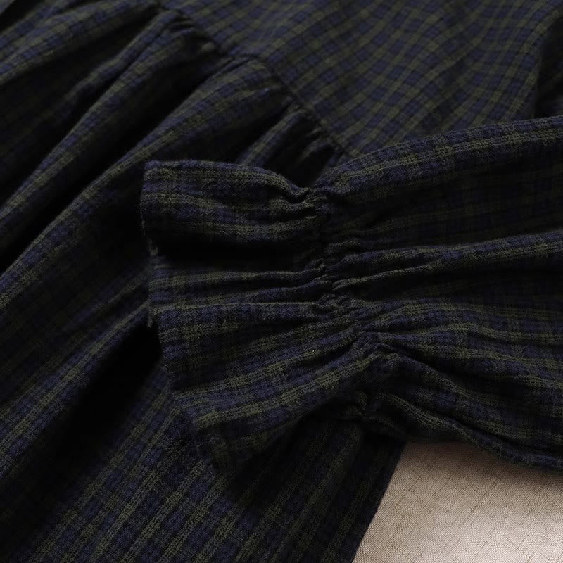 Buddha Stones長袖 チェック柄 シンプルボタン フリルデザイン コットンリネン ミディドレス ポケット付き - image 5