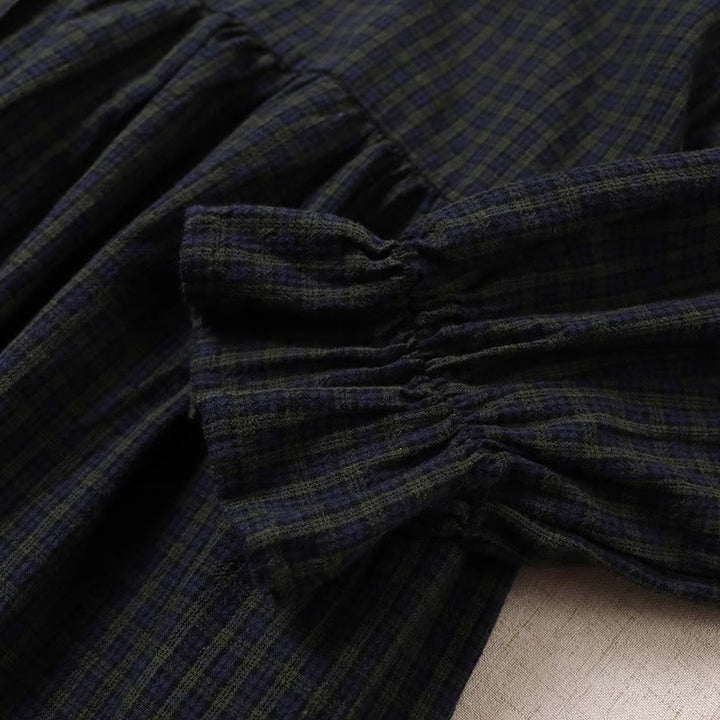 Buddha Stones長袖 チェック柄 シンプルボタン フリルデザイン コットンリネン ミディドレス ポケット付き - image 5