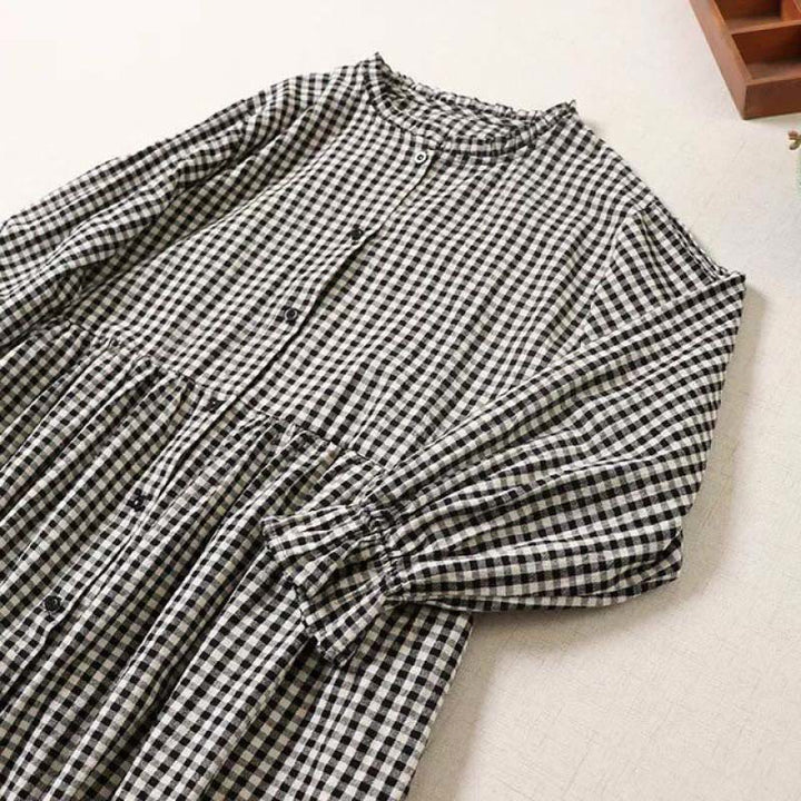 Buddha Stones長袖 チェック柄 シンプルボタン フリルデザイン コットンリネン ミディドレス ポケット付き - image 10