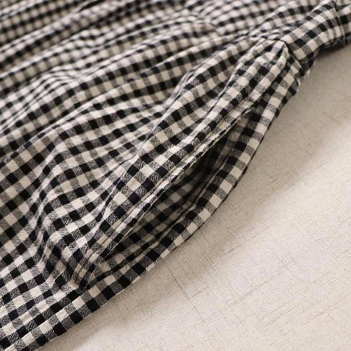 Buddha Stones長袖 チェック柄 シンプルボタン フリルデザイン コットンリネン ミディドレス ポケット付き - image 18