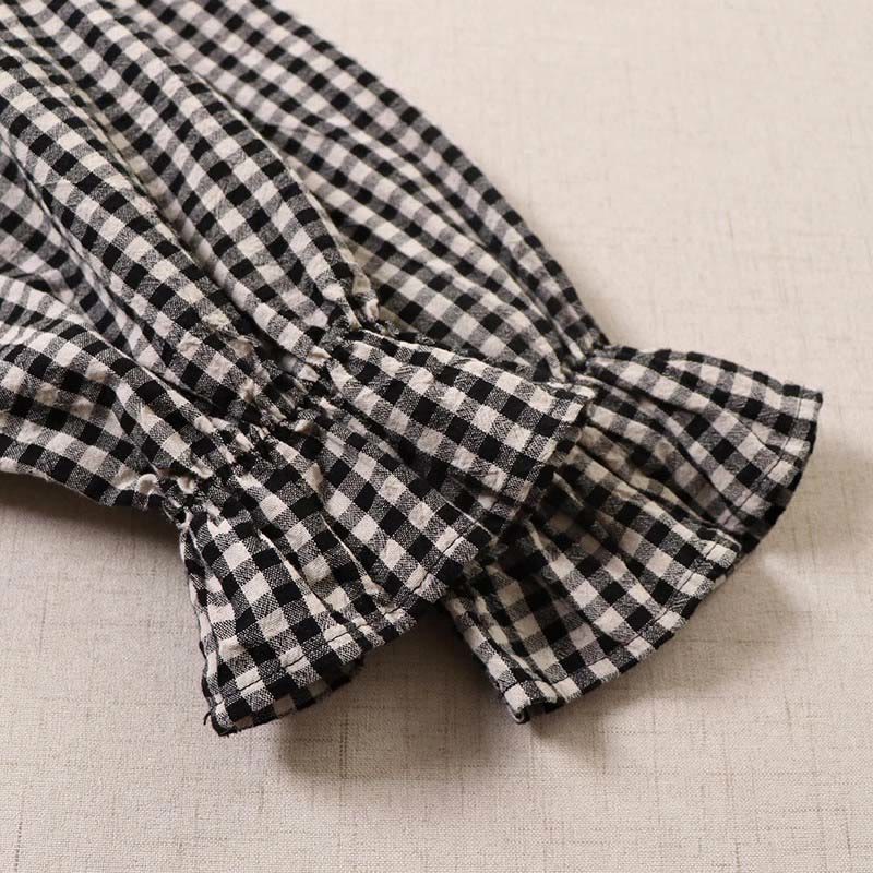 Buddha Stones長袖 チェック柄 シンプルボタン フリルデザイン コットンリネン ミディドレス ポケット付き - image 17