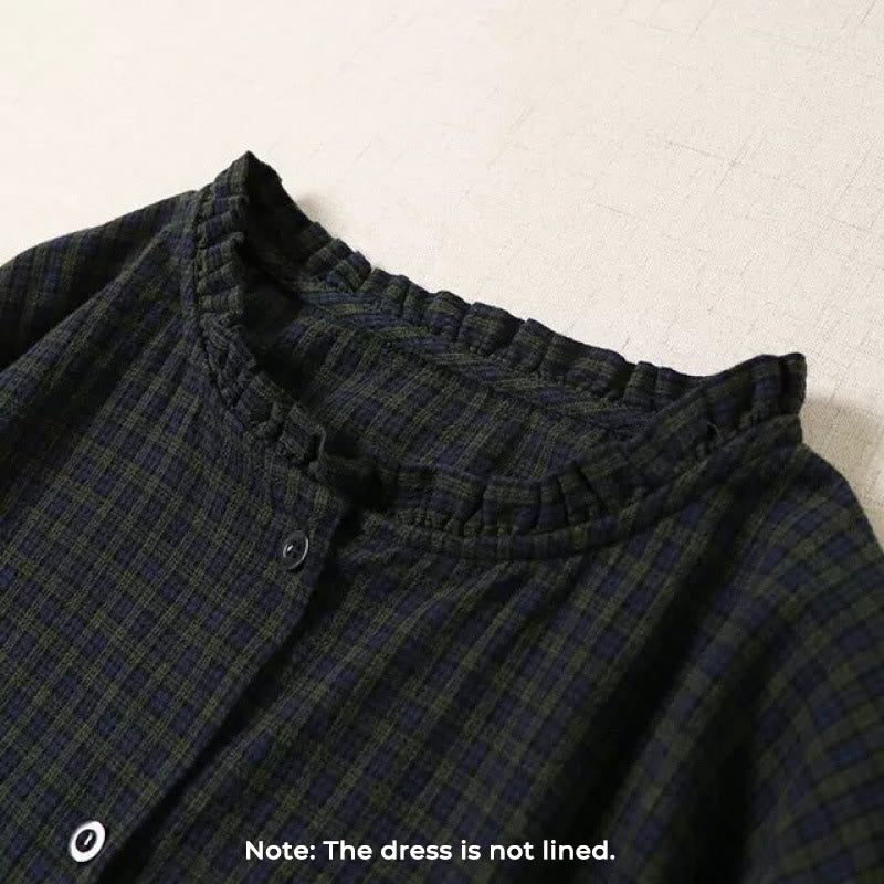 Buddha Stones長袖 チェック柄 シンプルボタン フリルデザイン コットンリネン ミディドレス ポケット付き - image 1