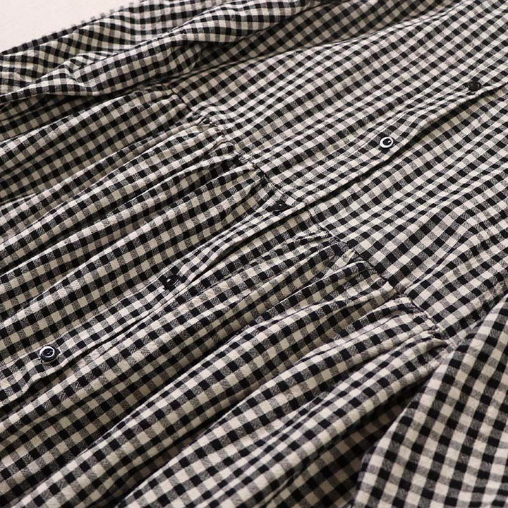 Buddha Stones長袖 チェック柄 シンプルボタン フリルデザイン コットンリネン ミディドレス ポケット付き - image 14