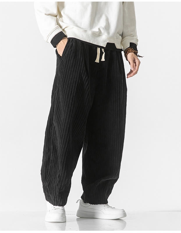 Buddha Stonesレトロ 冬 無地 メンズ ドローストリング コーデュロイ ハーレムパンツ ポケット付き - image 19