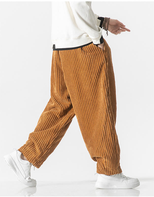Buddha Stonesレトロ 冬 無地 メンズ ドローストリング コーデュロイ ハーレムパンツ ポケット付き - image 14