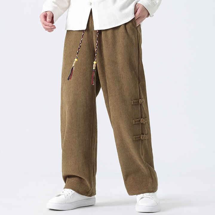Buddha Stonesプレーンチャイニーズフロッグボタンデザイン ドローストリング メンズ コーデュロイパンツ ポケット付き - image 4
