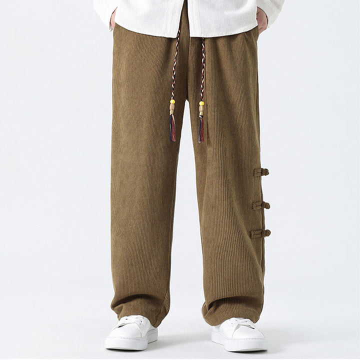 Buddha Stonesプレーンチャイニーズフロッグボタンデザイン ドローストリング メンズ コーデュロイパンツ ポケット付き - image 9