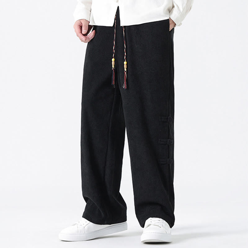 Buddha Stonesプレーンチャイニーズフロッグボタンデザイン ドローストリング メンズ コーデュロイパンツ ポケット付き - image 15