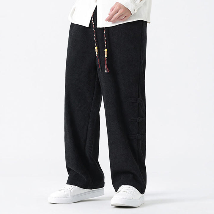 Buddha Stonesプレーンチャイニーズフロッグボタンデザイン ドローストリング メンズ コーデュロイパンツ ポケット付き - image 15