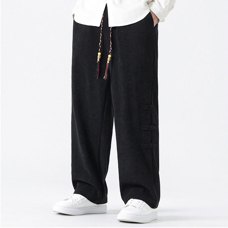 Buddha Stonesプレーンチャイニーズフロッグボタンデザイン ドローストリング メンズ コーデュロイパンツ ポケット付き - image 13