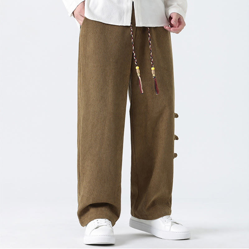 Buddha Stonesプレーンチャイニーズフロッグボタンデザイン ドローストリング メンズ コーデュロイパンツ ポケット付き - image 7