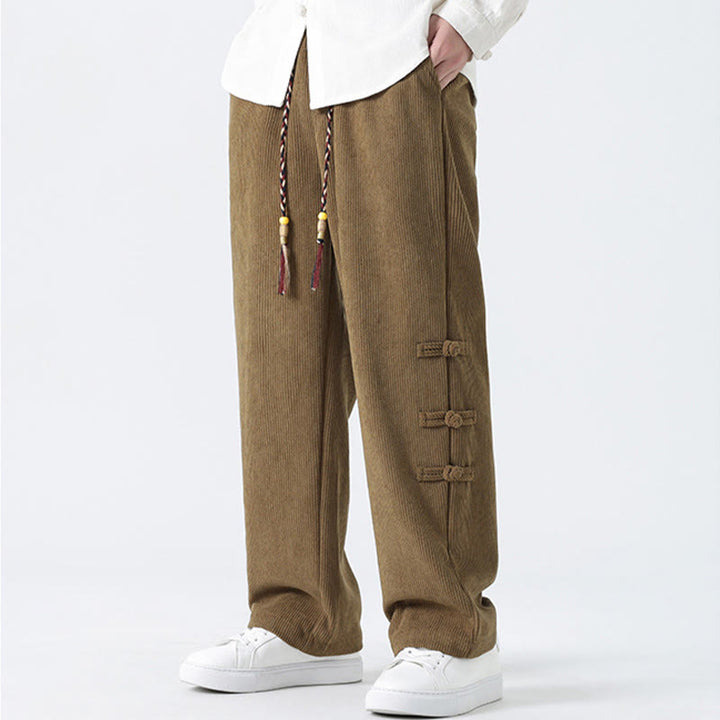 Buddha Stonesプレーンチャイニーズフロッグボタンデザイン ドローストリング メンズ コーデュロイパンツ ポケット付き - image 5