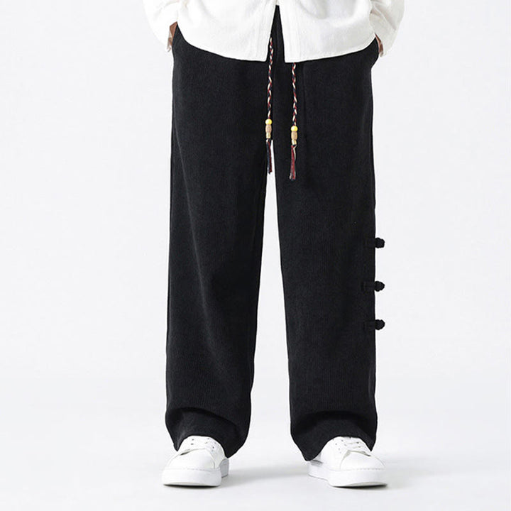 Buddha Stonesプレーンチャイニーズフロッグボタンデザイン ドローストリング メンズ コーデュロイパンツ ポケット付き - image 13
