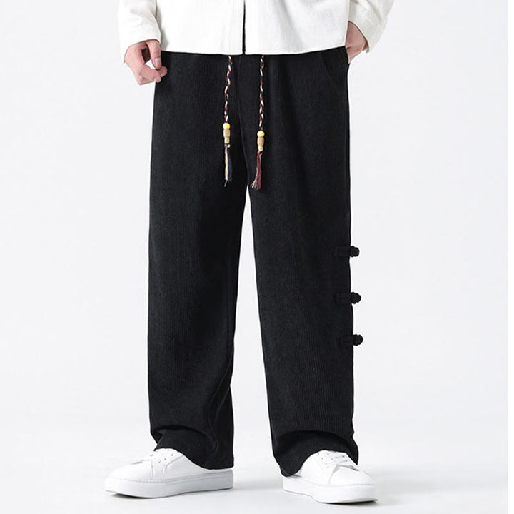 Buddha Stonesプレーンチャイニーズフロッグボタンデザイン ドローストリング メンズ コーデュロイパンツ ポケット付き - image 18