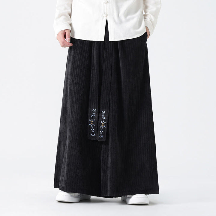 Buddha Stonesカジュアル刺繍 ドローストリングデザイン メンズ コーデュロイ ワイドレッグパンツ ポケット付き - 黒 - US/UK/AU50、EU60（5XL） - image 13