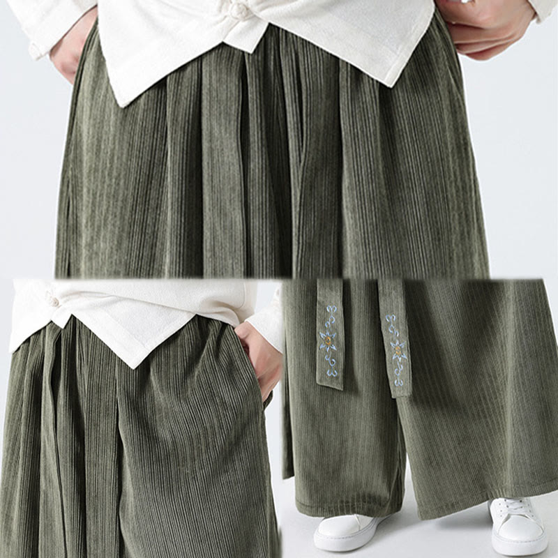 Buddha Stonesカジュアル刺繍 ドローストリングデザイン メンズ コーデュロイ ワイドレッグパンツ ポケット付き - image 11