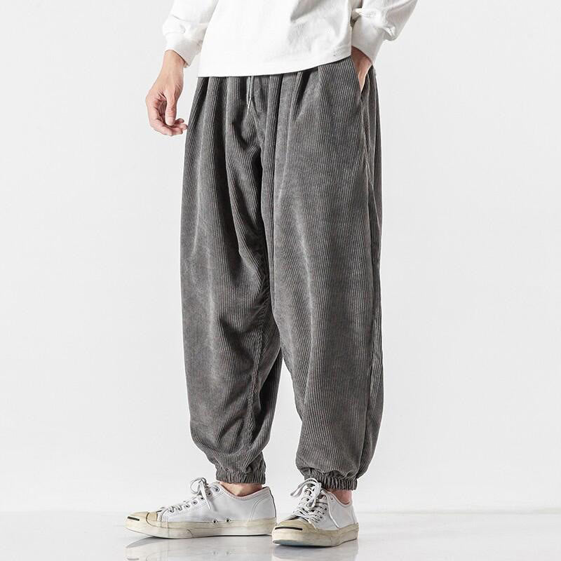 Buddha Stonesカジュアル ピュアカラー メンズ ドローストリング コーデュロイ ハーレム アンクル丈 パンツ ポケット付き - image 1