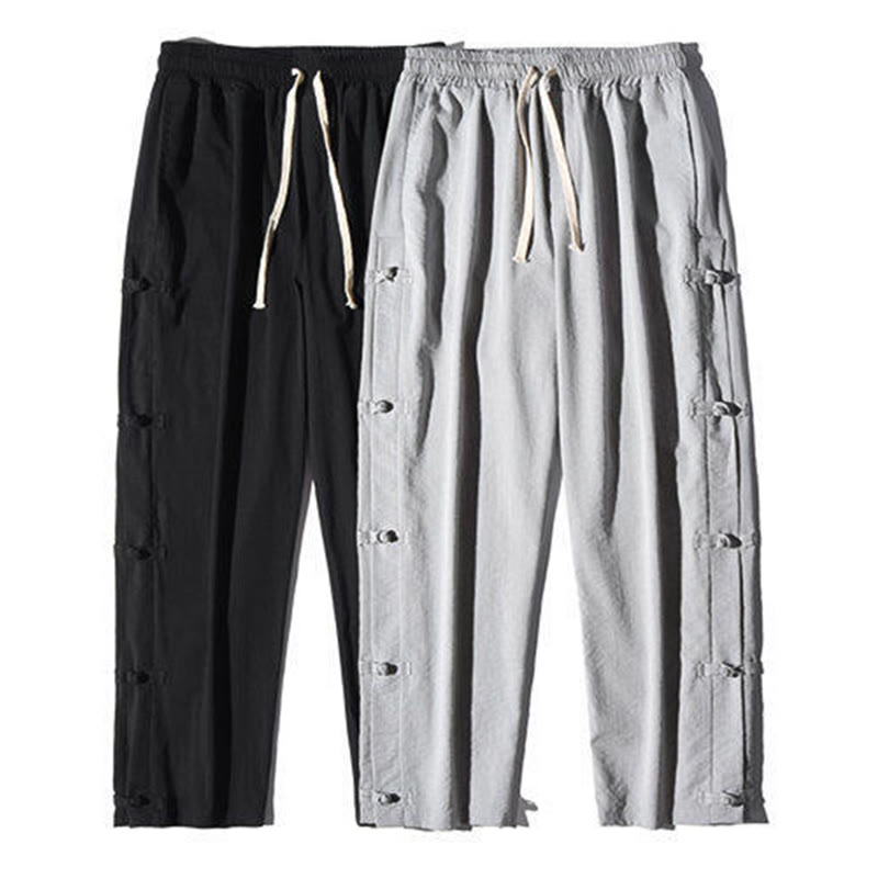 Buddha Stonesカジュアルパッチワーククレーン柄カエルボタンデザインメンズワイドレッグパンツポケット付き - image 30