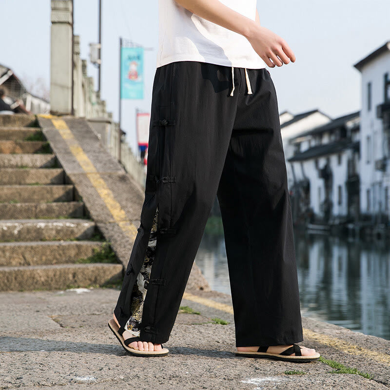 Buddha Stonesカジュアルパッチワーククレーン柄カエルボタンデザインメンズワイドレッグパンツポケット付き - image 1