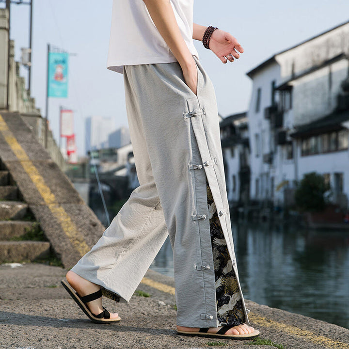 Buddha Stonesカジュアルパッチワーククレーン柄カエルボタンデザインメンズワイドレッグパンツポケット付き - ライトグレー - US/UK/AU46、 EU56 (5XL) - image 11