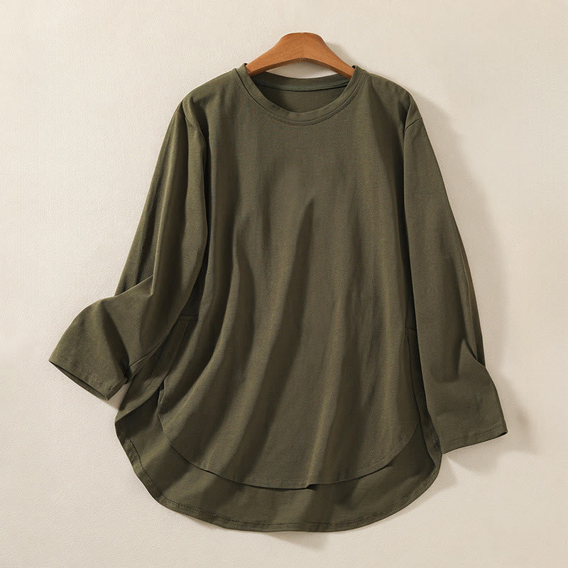 Buddha Stonesカジュアル ピュア イレギュラーヘム コットンリネン レディース ロングスリーブ Tシャツ - ダークオリーブグリーン - US14、 UK/AU18、 EU46 (2XL) - image 1