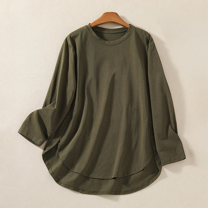 Buddha Stonesカジュアル ピュア イレギュラーヘム コットンリネン レディース ロングスリーブ Tシャツ - ダークオリーブグリーン - US14、 UK/AU18、 EU46 (2XL) - image 1