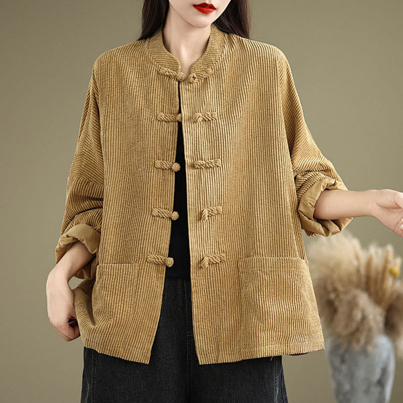 Buddha Stonesフロッグボタンスタンドカラー レディース コットンリネン コーデュロイジャケット - image 3