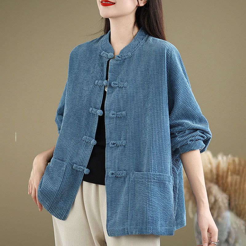Buddha Stonesフロッグボタンスタンドカラー レディース コットンリネン コーデュロイジャケット - image 18