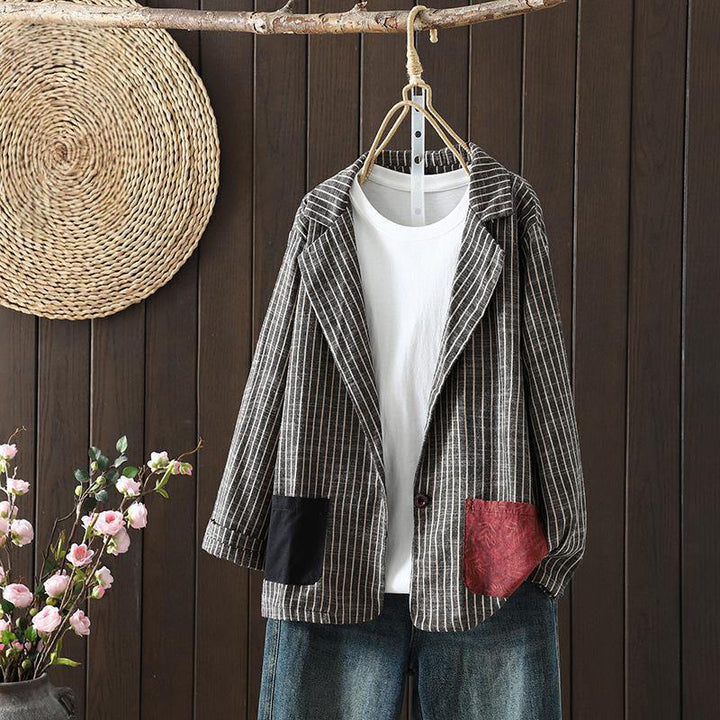 Buddha Stonesスプライシングストライプ レディース コットンリネン ジャケット ポケット付き - ディムグレー - US14、 UK/AU18、 EU46 (2XL) - image 1