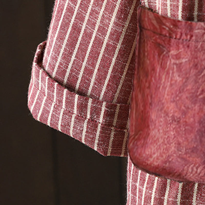 Buddha Stonesスプライシングストライプ レディース コットンリネン ジャケット ポケット付き - image 10