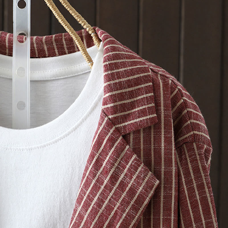 Buddha Stonesスプライシングストライプ レディース コットンリネン ジャケット ポケット付き - image 10