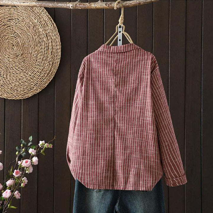 Buddha Stonesスプライシングストライプ レディース コットンリネン ジャケット ポケット付き - image 8