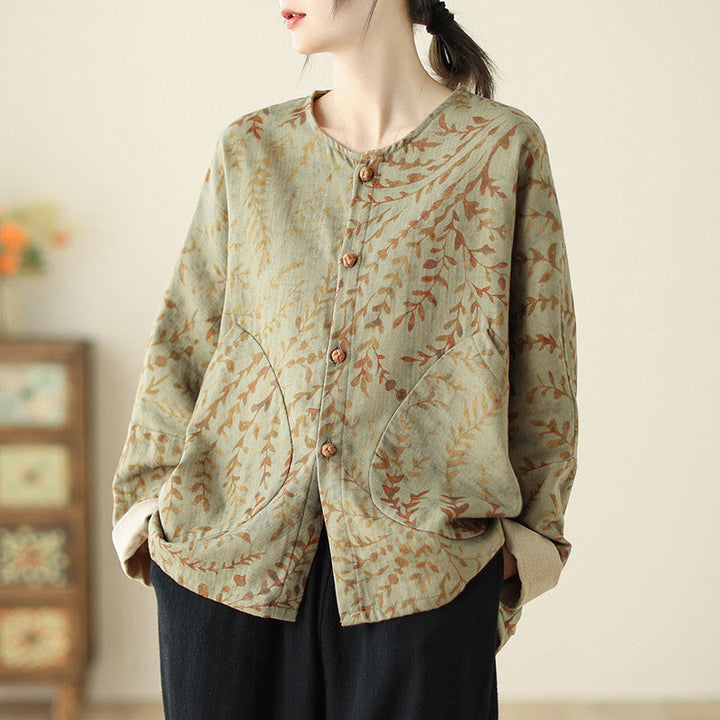 Buddha Stonesリーフプリントレディースコットンリネンジャケット（ポケット付き） - ダークカーキ - US14、 UK/AU18、 EU46 (2XL) - image 1