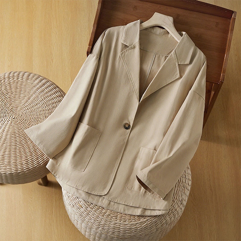 Buddha Stones無地ボタン レディース コットンスーツジャケット ポケット付き - 小麦 - US12、 UK/AU16、 EU44 (XL) - image 1