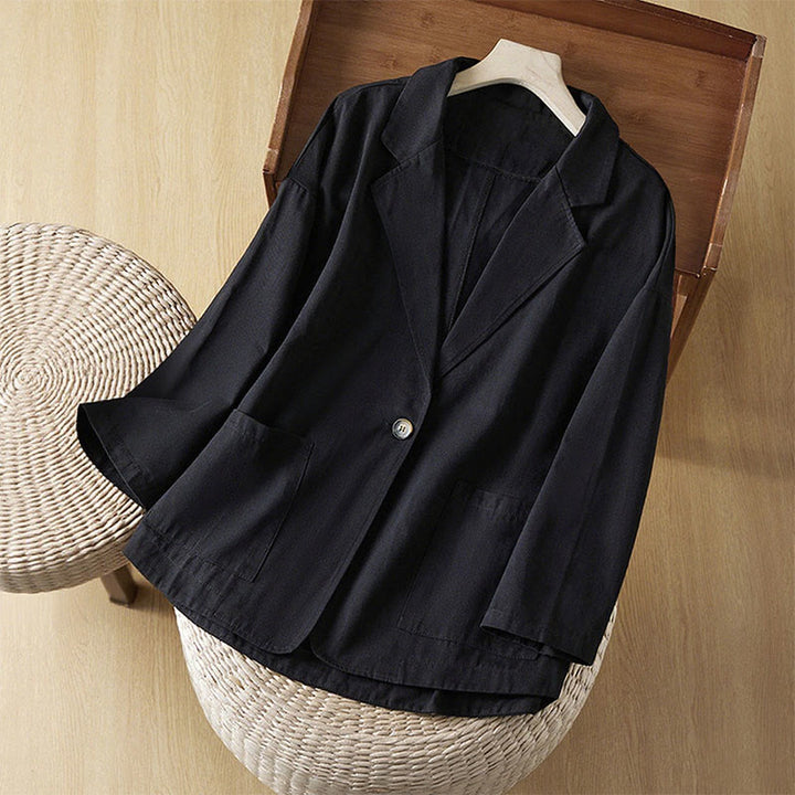 Buddha Stones無地ボタン レディース コットンスーツジャケット ポケット付き - 黒 - US12、 UK/AU16、 EU44 (XL) - image 9