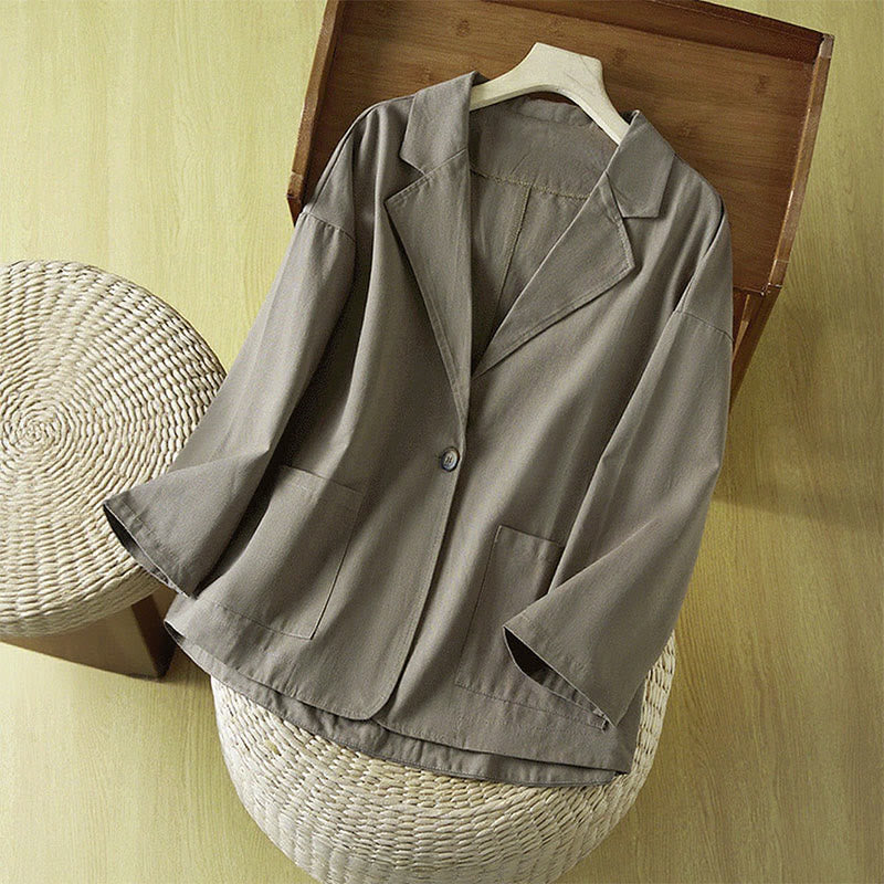 Buddha Stones無地ボタン レディース コットンスーツジャケット ポケット付き - スレートグレー - US12、 UK/AU16、 EU44 (XL) - image 15