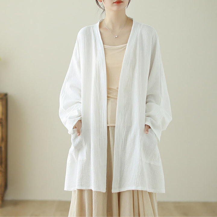 ポケット付きBuddha Stonesプレーン長袖禅瞑想コットンリネンジャケット - 白 - US12、 UK/AU16、 EU44 (XL) - image 8
