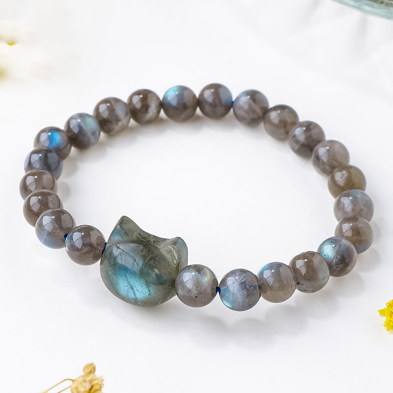 Buddha Stones天然ラブラドライト猫の頭モチーフのヒーリングチェンジブレスレット - ラブラドライト（手首周り：15～16cm） - image 1