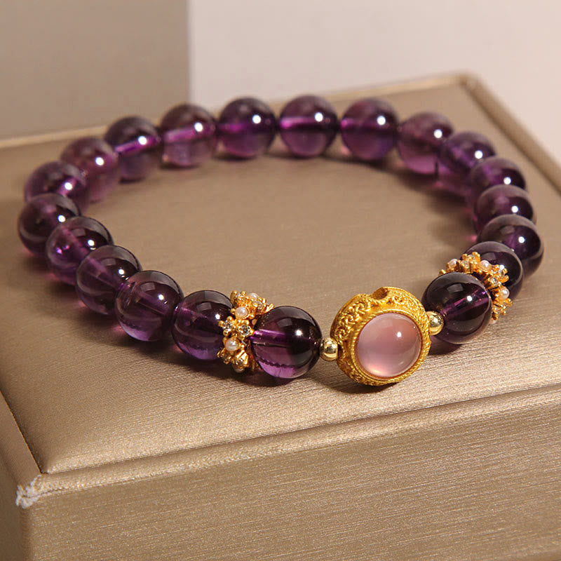 Buddha Stones天然アメジスト ストロベリークォーツ ビーズ ヒーリングブレスレット - image 3