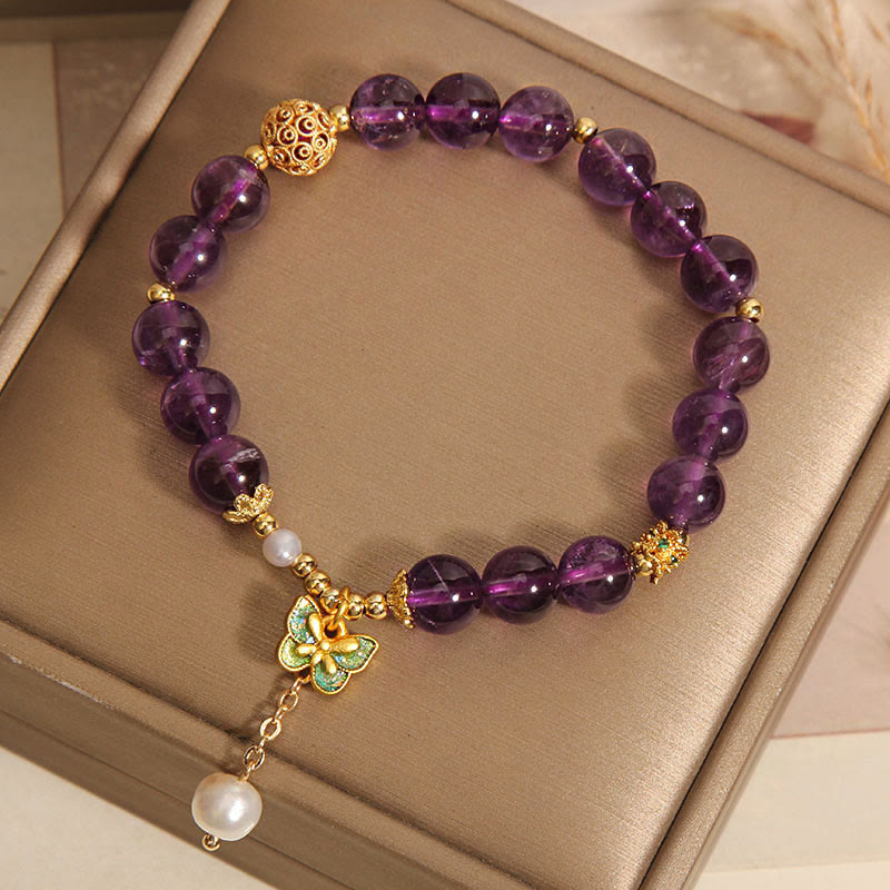 Buddha Stones天然アメジスト アンバー グリーンバタフライ ヒーリングブレスレット - image 4