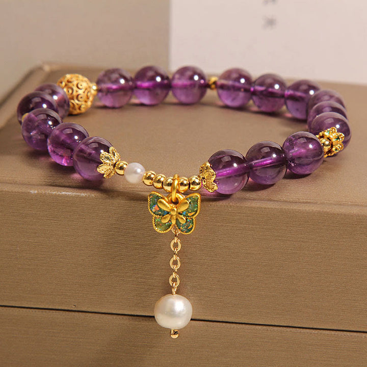 Buddha Stones天然アメジスト アンバー グリーンバタフライ ヒーリングブレスレット - image 7