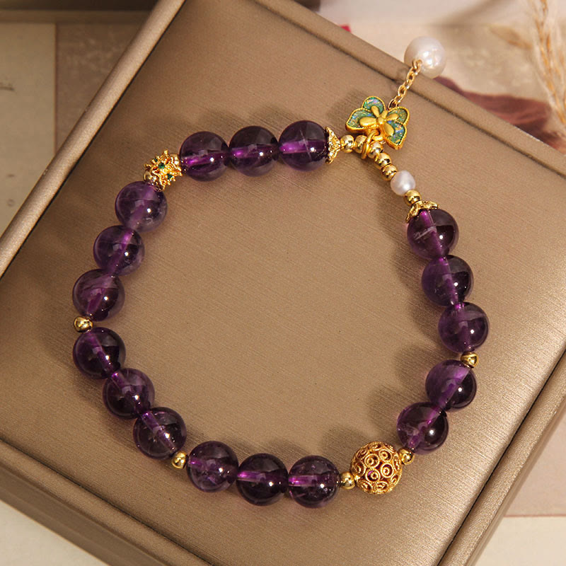 Buddha Stones天然アメジスト アンバー グリーンバタフライ ヒーリングブレスレット - image 5