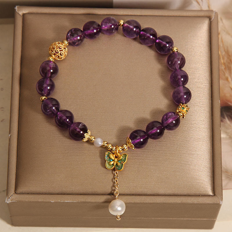 Buddha Stones天然アメジスト アンバー グリーンバタフライ ヒーリングブレスレット - image 8
