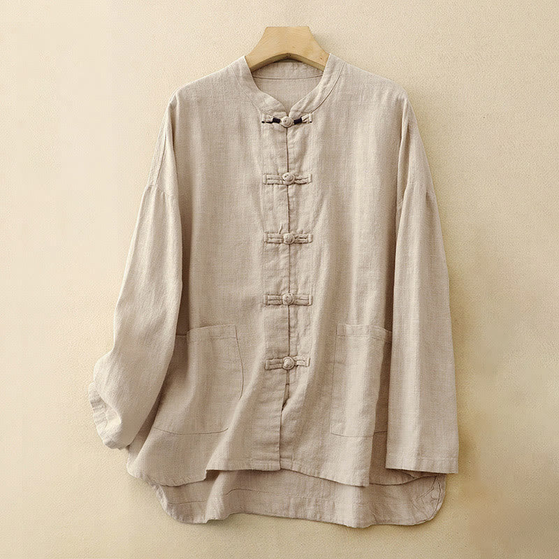 Buddha Stones文学的 芸術的 中国結びボタン カジュアル コットン ウェア - リネン - US12、 UK/AU16、 EU44 (2XL) - image 0