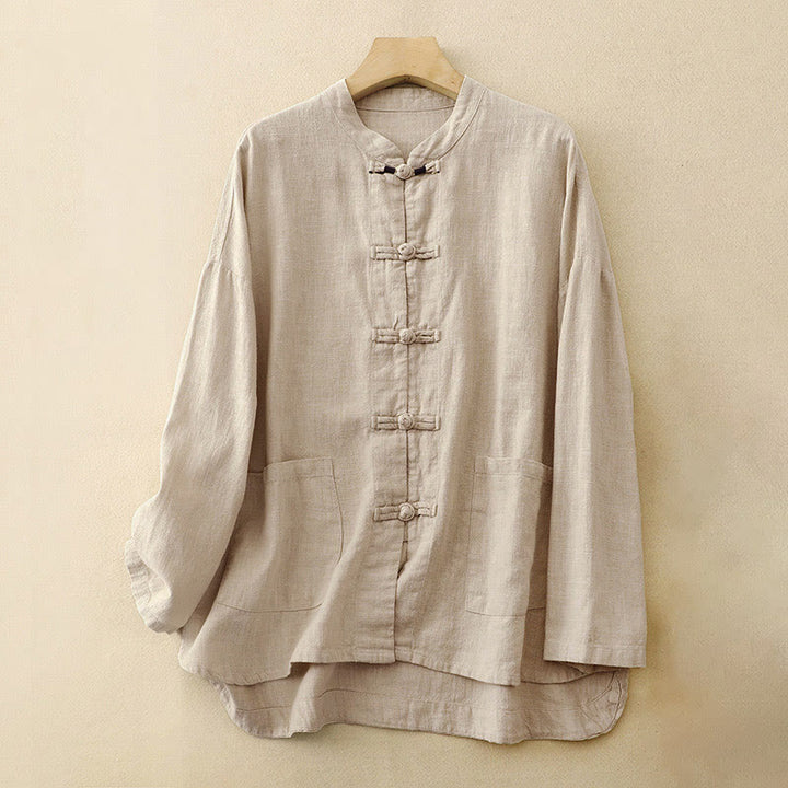 Buddha Stones文学的 芸術的 中国結びボタン カジュアル コットン ウェア - リネン - US12、 UK/AU16、 EU44 (2XL) - image 0