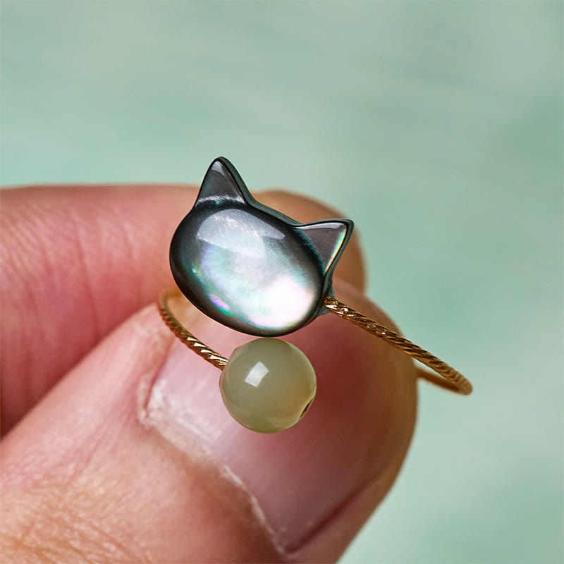 Buddha Stones黒シャコガイ石 猫翡翠良縁祈願調節可能リング - image 2