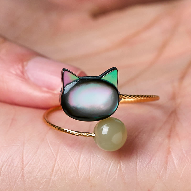 Buddha Stones黒シャコガイ石 猫翡翠良縁祈願調節可能リング - image 10