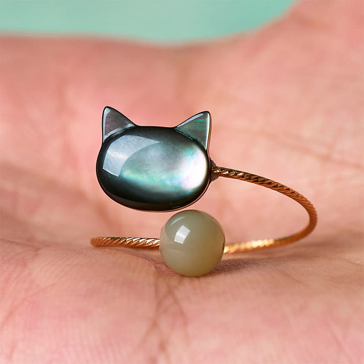 Buddha Stones黒シャコガイ石 猫翡翠良縁祈願調節可能リング - image 11
